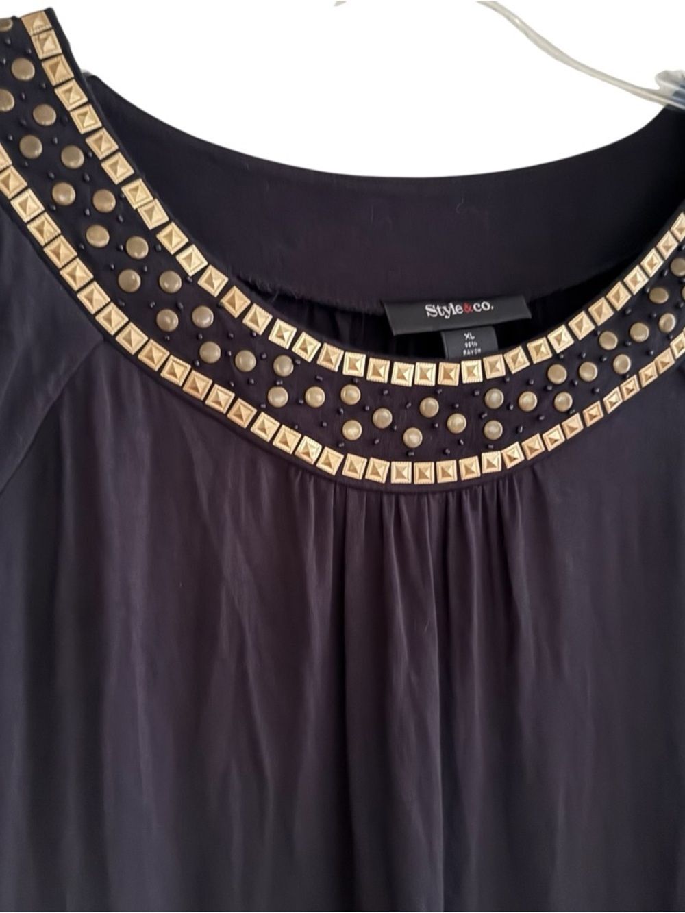 Style & Co. Black Dark Relaxed Peasant Tunic Top Beaded Golden Embellishment XL - Picture 2 of 5
